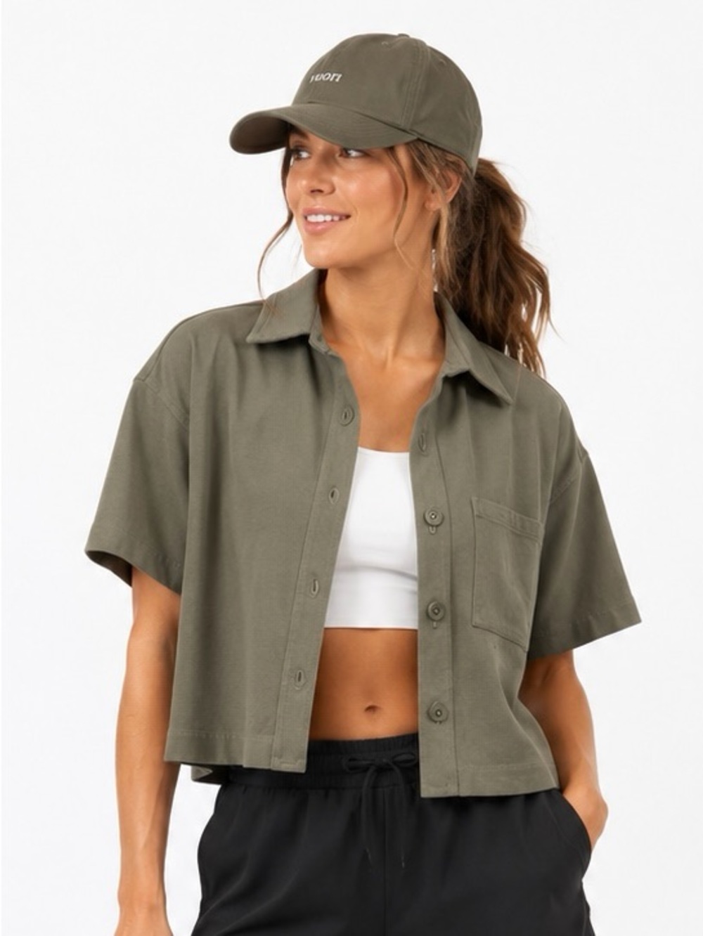Vuori knit Cropped Olive Green Button-Front Crop Top cotton spandex
